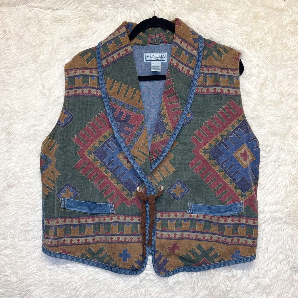 Vintage 90s Venezia Vitale Southwestern Tapestry Denim Vest Women's 14/16 XL